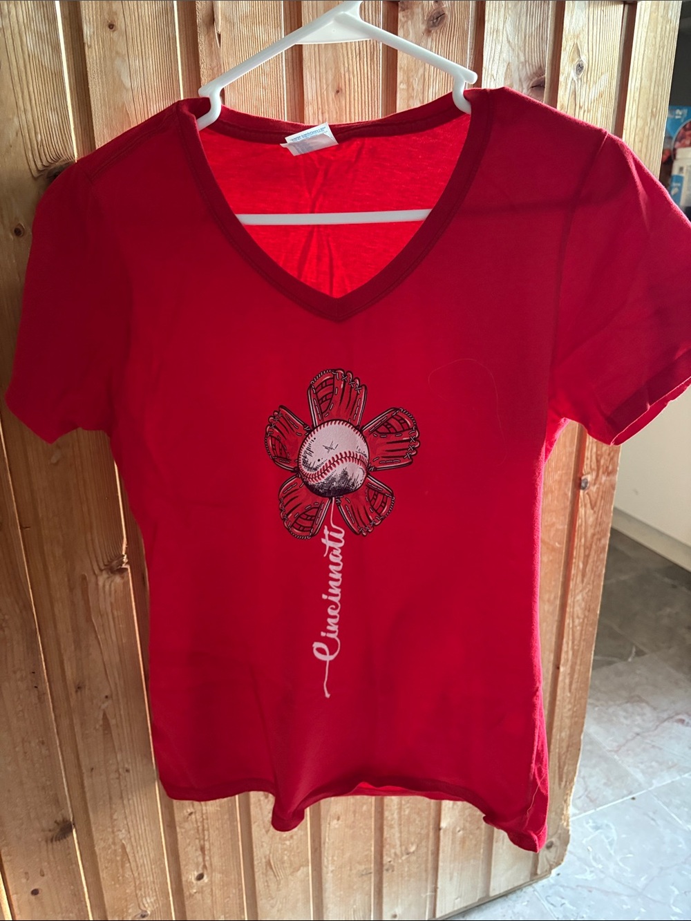 Ladies Red V-Neck Short Sleeve Tee with Baseball Flower Graphic